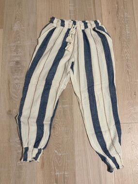 Ocean Drive Womens Cream and Blue Striped Drawstring Bottoms Beachy Pants Small